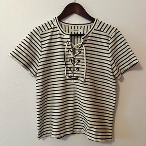 Madewell Women’s Striped Lace-Up Short Sleeve Top Tee Bright Ivory Medium